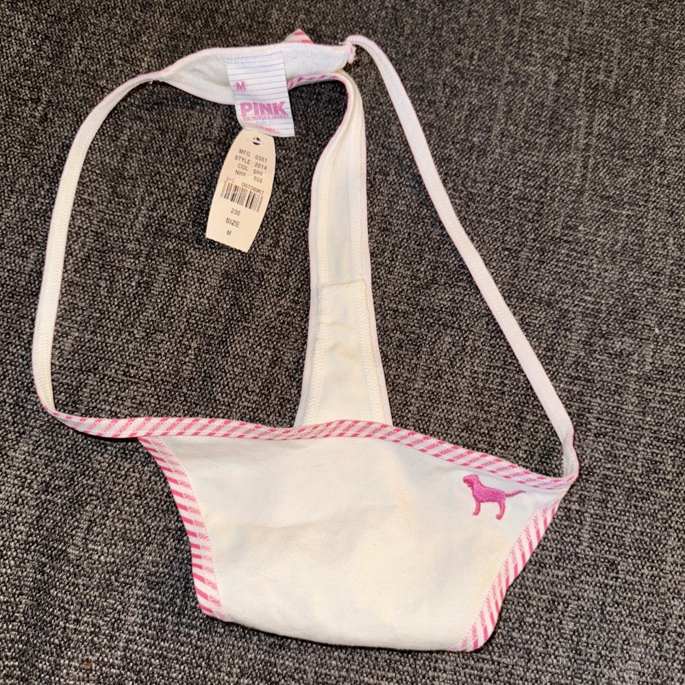 VS PINK VINTAGE Y2K COTTON EXTRA LOW RISE STRING THONG PANTY WHITE STRIPES DOG M - Picture 6 of 6